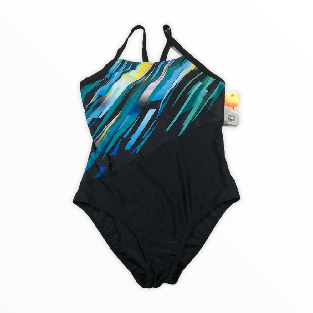 Black Abstract Geometric Print One-Piece Swimsuit Sz M